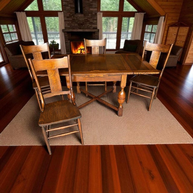 Very nice 1930s solid oak draw leaf table. A simple apron with gorgeous hand turned legs, all connected by stretchers....