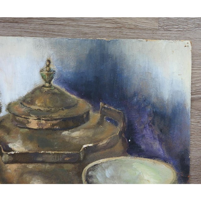 Mid 20th century gouache on cardboard still life with brass tea kettle and eggs painting. Unsigned, painted on top of old...