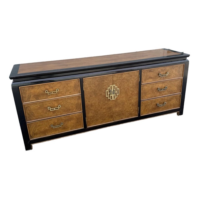 Vintage Chinoiserie Black and Burlwood Dresser by Centruy Furniture For Sale