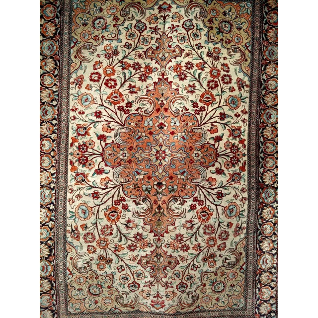 Vintage Persian Qum Area Rug, Hand-Knotted Silk, Floral Pattern, Ivory & Navy, 3x5 For Sale - Image 11 of 18