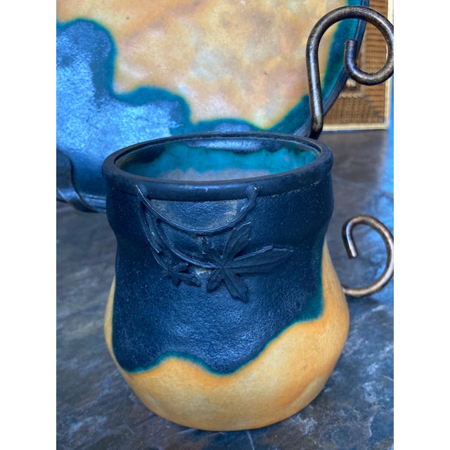 Art Deco 1920s Louis Dage and Eugene Val French Art Deco Ceramic Pottery - Set of 2 Pieces, Platter and Cup, Famous Egg Yolk Glaze For Sale - Image 3 of 13