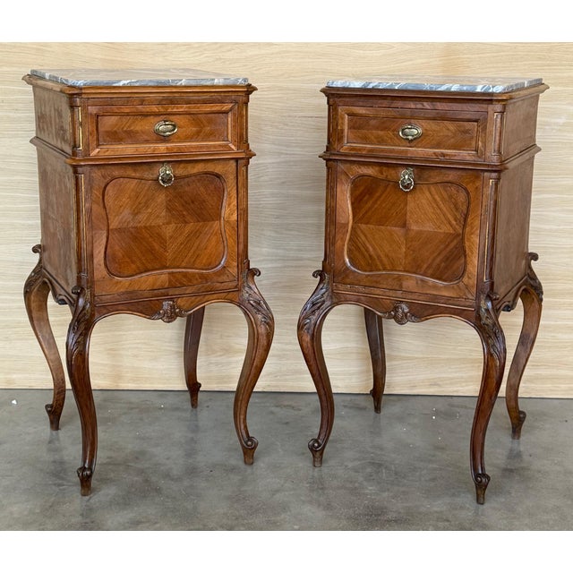French Provincial Antique French Mahogany Night Stands or bedside tables with marble top , 1900, A Pair For Sale - Image 3 of 18