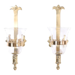 Pair of Hurricane Brass and Glass Wall Sconces For Sale