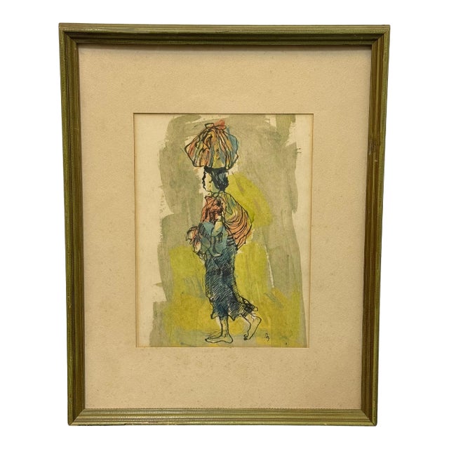 "Draped Nude" Women With Basket Expressionist Watercolor by Ron Blumberg For Sale