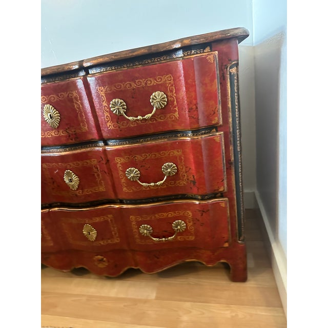 Red Theodore Alexander Red Leather-Wrapped Serpentine Three-Drawer Chest With Gilt Decoration For Sale - Image 8 of 16
