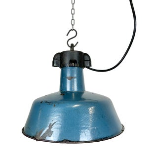 Industrial Blue Enamel Factory Lamp with Cast Iron Top, 1960s For Sale