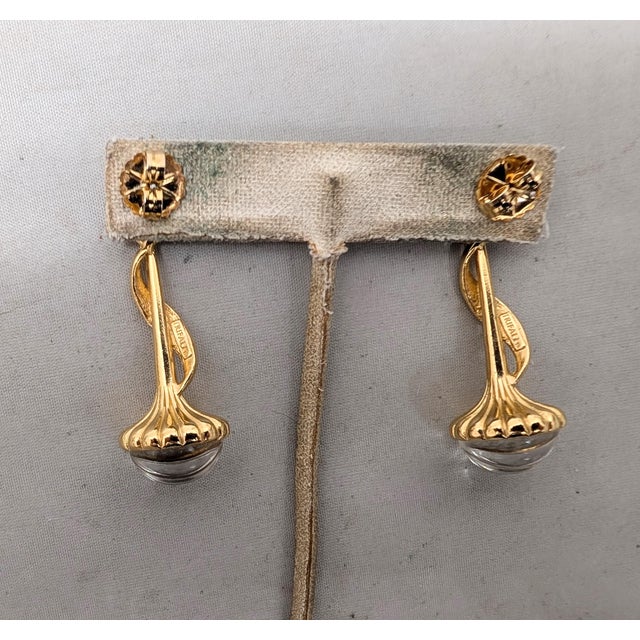 Vintage 1990s Signed Trifari Tm Goldtone Clear Melon Rhinestone Drop Pierced Earrings-2 Pieces For Sale - Image 10 of 10