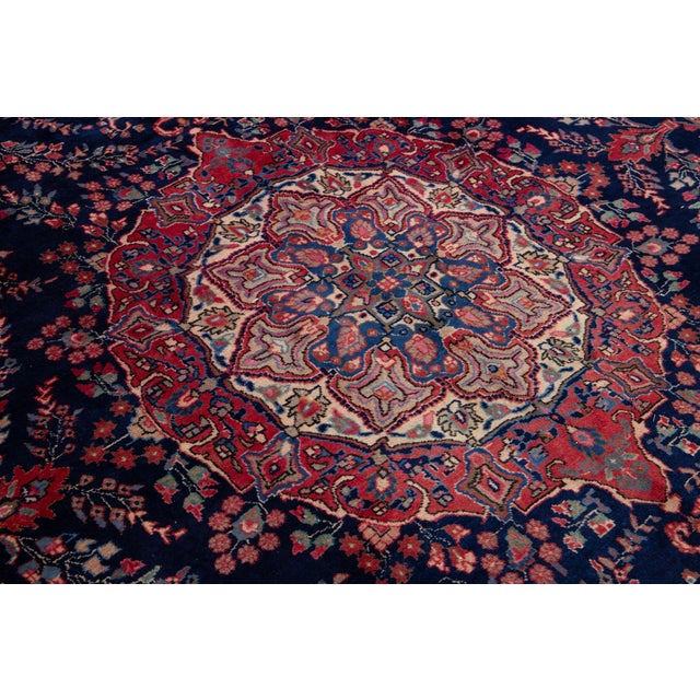 1950s Vintage Rug, 100% Hand-Knotted Wool, Traditional Indigo Blue & Crimson Red Medallion Carpet For Sale - Image 5 of 7