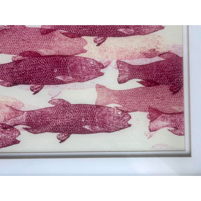 Nautical Vintage “Pink Salmon Run - Coastal Wood Block “ Print Framed For Sale - Image 3 of 12