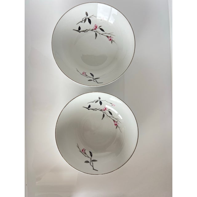 Mid-Century Modern Vintage Pair of Coupe Cereal Bowls Cherry Blossom Is Fine China 1067, Made in Japan Sakura Pink Gray For Sale - Image 3 of 5