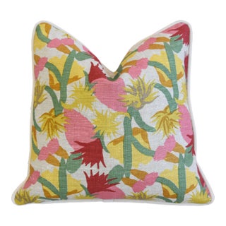 Designer French Colorful Floral Linen Feather/Down Pillow 15" Square For Sale