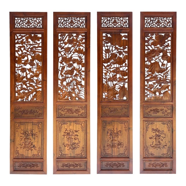 4 Pcs Chinese Brown Stain Lotus Pond Ducks Fishes Wood Panel Floor Screen For Sale