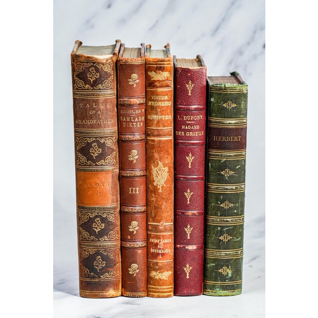 Victorian Set of 5 Charming Collection of Antique Leather Spine Books Victorian Office Home Decor For Sale - Image 3 of 9