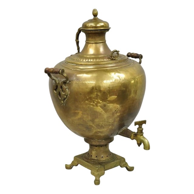 Antique Middle Eastern Moroccan Giant Brass Bulbous Samovar With Handles For Sale