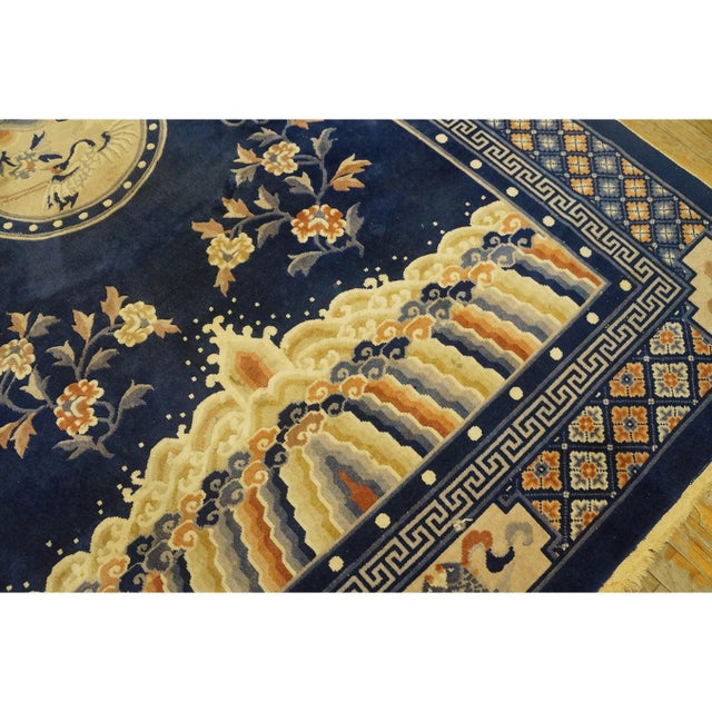 1920s Navy Blue Birds Medallion Antique Chinese Peking Carpet Knotted Wool Rug For Sale - Image 9 of 11