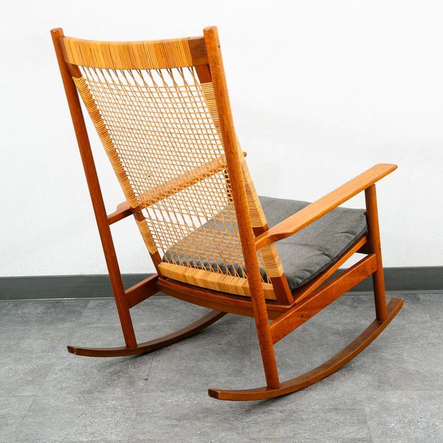 Hans Olsen Mid Century Danish Modern Rocking Chair Teak Rocker Hans Olsen MCM Vintage Grey For Sale - Image 4 of 10