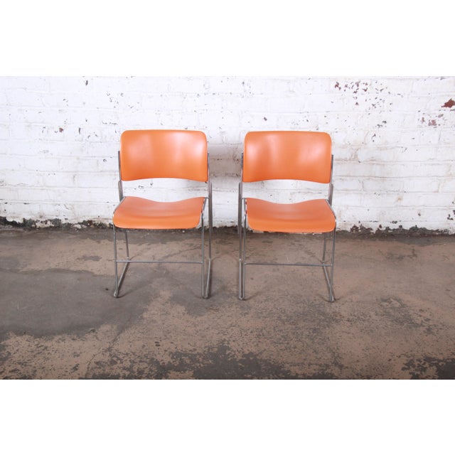 David Rowland 40/4 Orange and Chrome Stacking Chairs, Pair Chairish