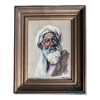 1974 Oil Portrait Painting of Elderly Man in Turban Signed “Ali•sh” Original Vintage Framed For Sale