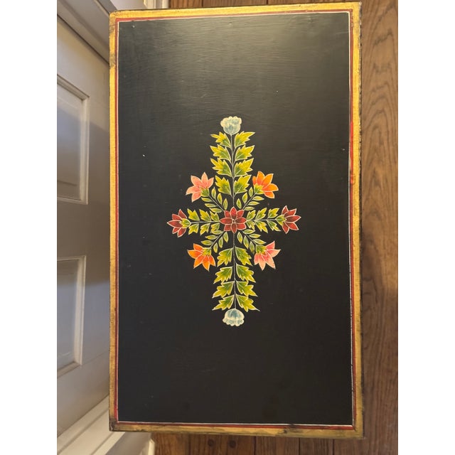 Hollywood Regency Vintage Asian-Style Black Lacquer Cabinet / Nightstand, Hand-Painted Floral Motifs For Sale - Image 3 of 9