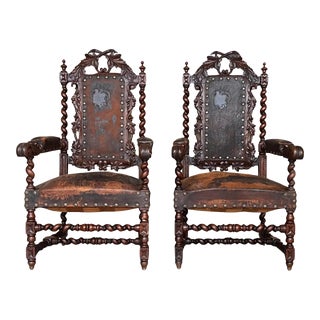 Pair of Colonial Catalan Spanish Altar Armchairs With Carved Leather For Sale