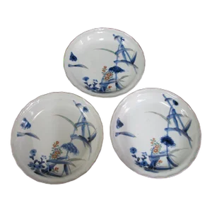Vintage Japanese Blue Porcelain Flower Scallop Rim Kakiemon Plate Set of 3