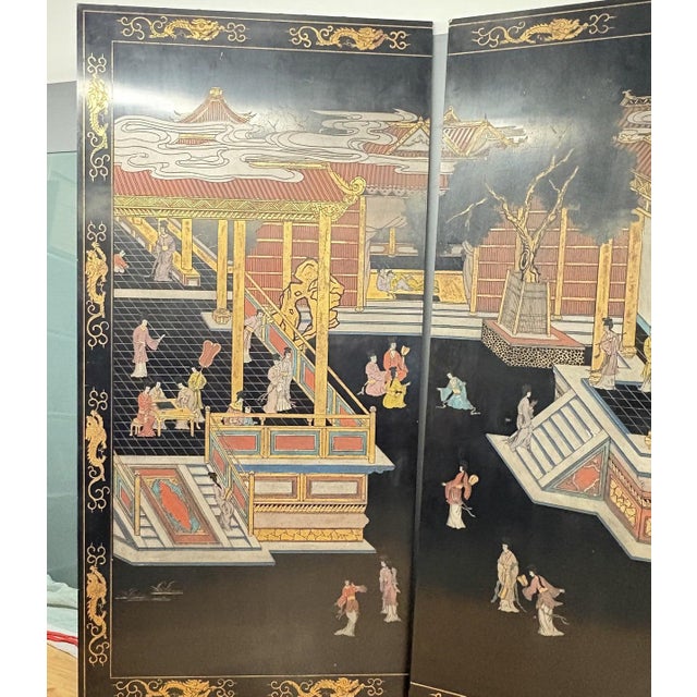 1980s 1980s Grand Chinoiserie Palace Scene: 3-Panel Lacquer Screen by Maitland-Smith - A Monumental Work of Hand-Incised Coromandel-Style Artistry For Sale - Image 5 of 10