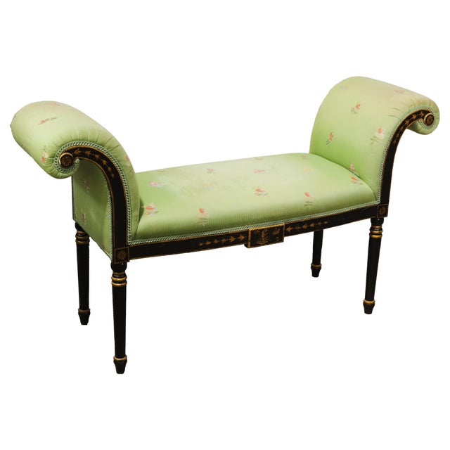 This exquisite vintage window seat showcases a striking neoclassical silhouette enhanced by a refined, gilt-painted...