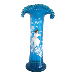 Large 1920s Mary Gregory Victorian Bohemian Blue Scalloped Blown Art Glass Vase