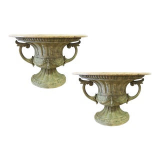 Italian Carved Urn Travertine Marble-Top Demi-Lune Console Tables - A Pair For Sale