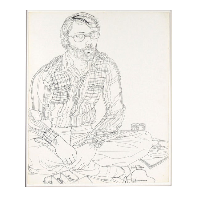Portrait of a Man in a Flannel Shirt in Ink on Paper by Shirley Pittman For Sale