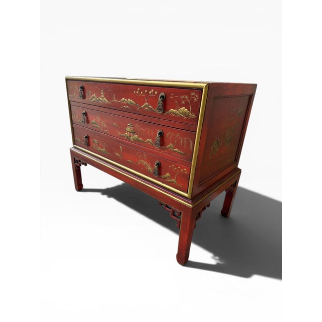 Late 20th Century Late 20th Century Hekman Designer Vintage Chinoiserie Red Lacquer Three-Drawer Chest For Sale - Image 5 of 15