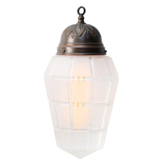 French Art Deco Brass Frosted Cut Glass Pendant Light, 1920s For Sale - Image 9 of 10