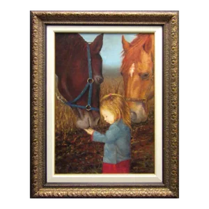 James Thorpe Realist Girl with Horses Hand Signed Oil Painting on Canvas