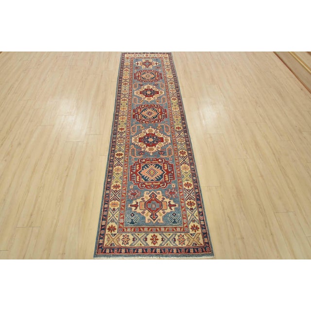 Farmhouse Kazak Runner 2’9” X 9’6” Blue Wool Tribal Hand-Knotted Oriental Rug For Sale - Image 3 of 11