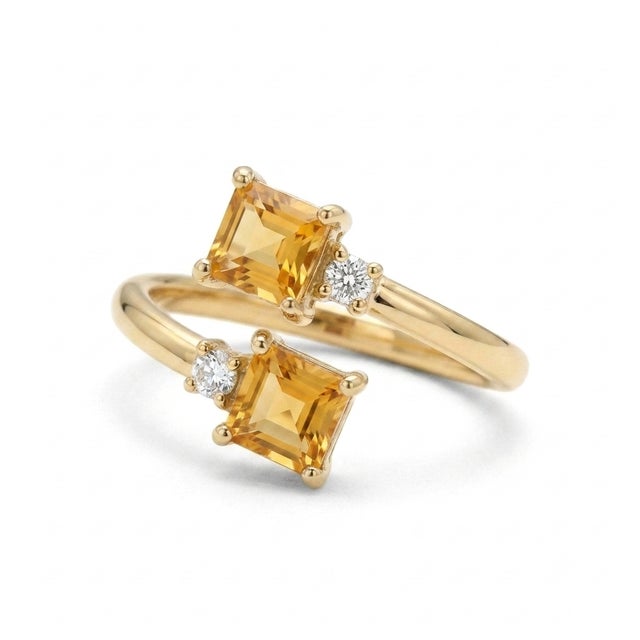 Contemporary Citrine Princess Cut Stackable Ring - Double Stone Bypass Toi Et Moi Ring Us 7 For Sale - Image 3 of 3