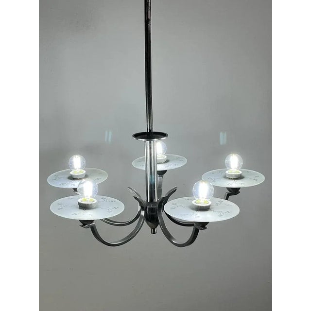 Gray Italian Five-Light Metal and Glass Chandelier, 1940s For Sale - Image 8 of 12