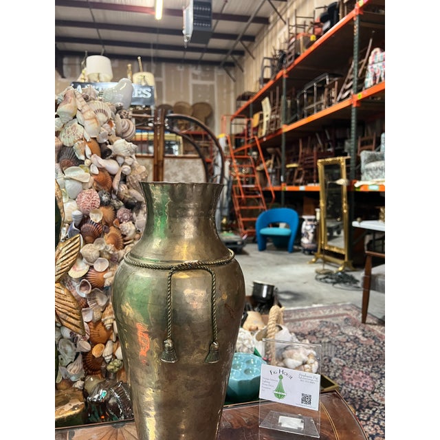 Metal Large Vintage Brass Vase With Rope and Tassel Details For Sale - Image 7 of 10