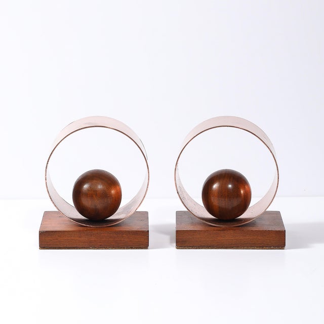 Pair of Art Deco Machine Age Loop Form Bookends in Copper & Walnut For Sale - Image 9 of 10