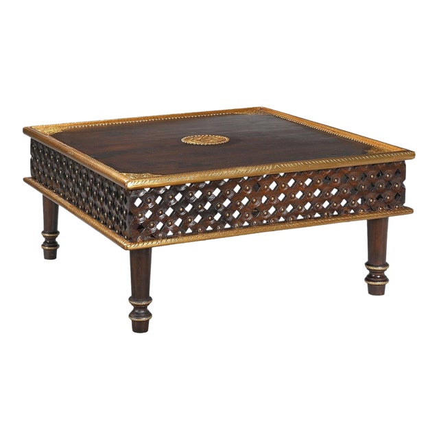 1990s Lattice Carved Solid Wood Square Coffee Table With Brass Accents For Sale
