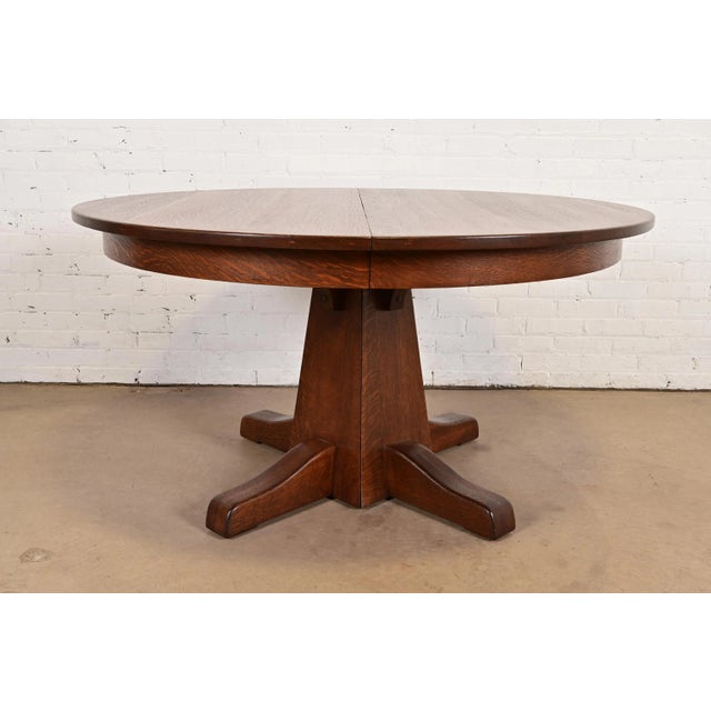 Mission Limbert Antique Mission Oak Arts & Crafts Pedestal Extension Dining Table, Newly Refinished For Sale - Image 3 of 14