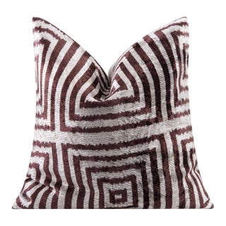 Handmade Velvet Throw Pillow - 16x16 Inches, Naturally Vegetable-Dyed, Premium Down Feather Insert - Brown and Beige Geometric Square Design For Sale
