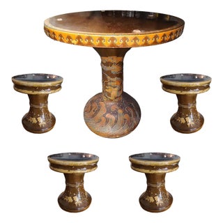 1950s Chinese Dragon Ceramic Glazed Pedestal Table W/ 4 Ceramic Garden Stools For Sale