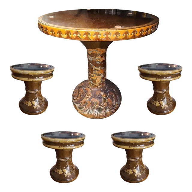 1950s Chinese Dragon Ceramic Glazed Pedestal Table W/ 4 Ceramic Garden Stools For Sale