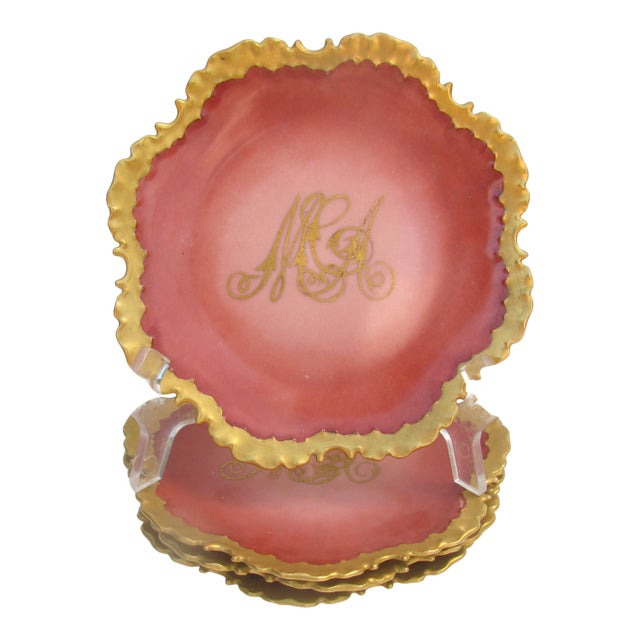 1890s Hand-Painted / Gilt Monogrammed Porcelain Plates, Set of 3 For Sale