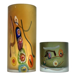 Postmodern Cylindrical Vases in Vetro Satinato with Millefiori Murrine, Murano, 1980s, Set of 2 For Sale
