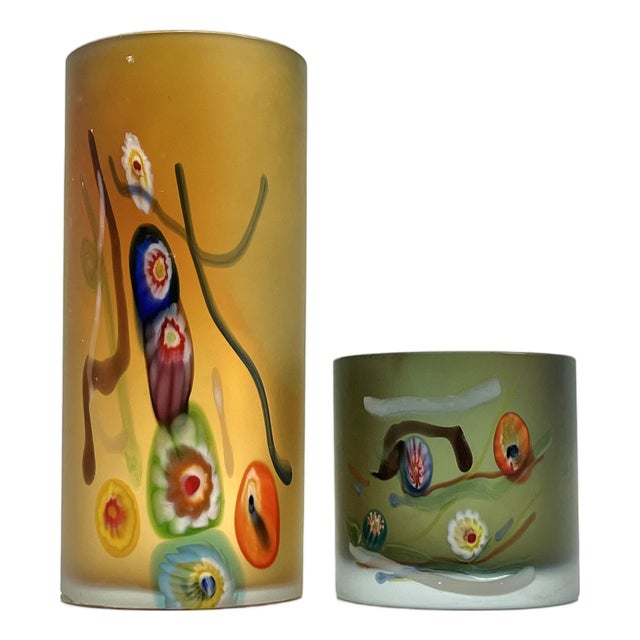 Postmodern Cylindrical Vases in Vetro Satinato with Millefiori Murrine, Murano, 1980s, Set of 2 For Sale