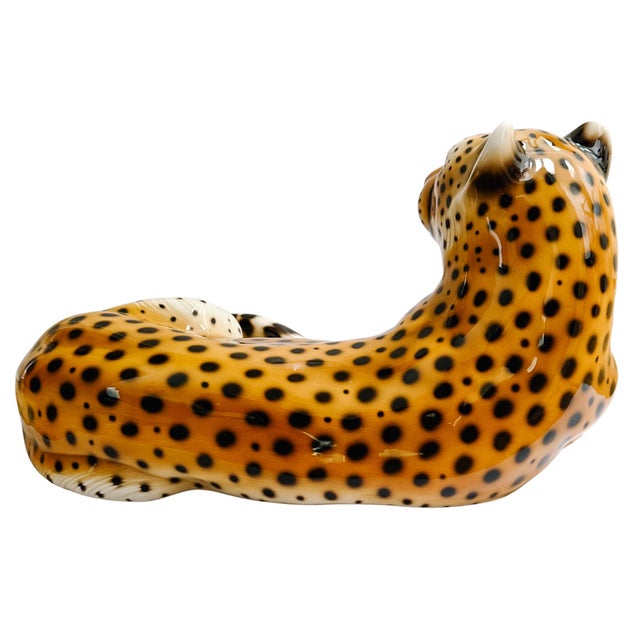 Vintage Large Scale Italian Glazed Porcelain Reclining Leopard Statue For Sale In San Diego - Image 6 of 7