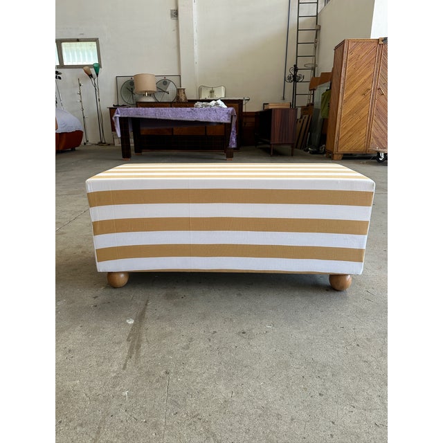 Brown Vintage Bench with Wooden Legs and Striped Fabric, 1980s For Sale - Image 8 of 8