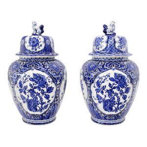 Vintage Delft Pottery Blue and White Covered Urns