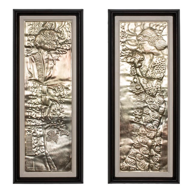 Georg Klimt, Jugendstil Reliefs of Demeter & Dionysus, 1900, Silver Plated Copper For Sale